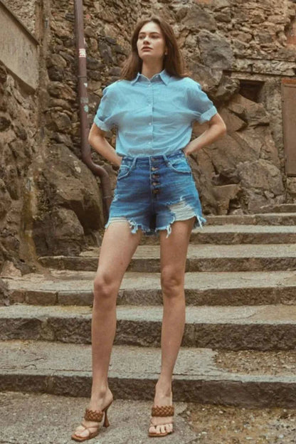Distressed Button-Fly High Waist Denim Shorts — Livostyle