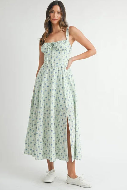 Floral Print Bustier Back Lace Up Midi Dress — Livostyle