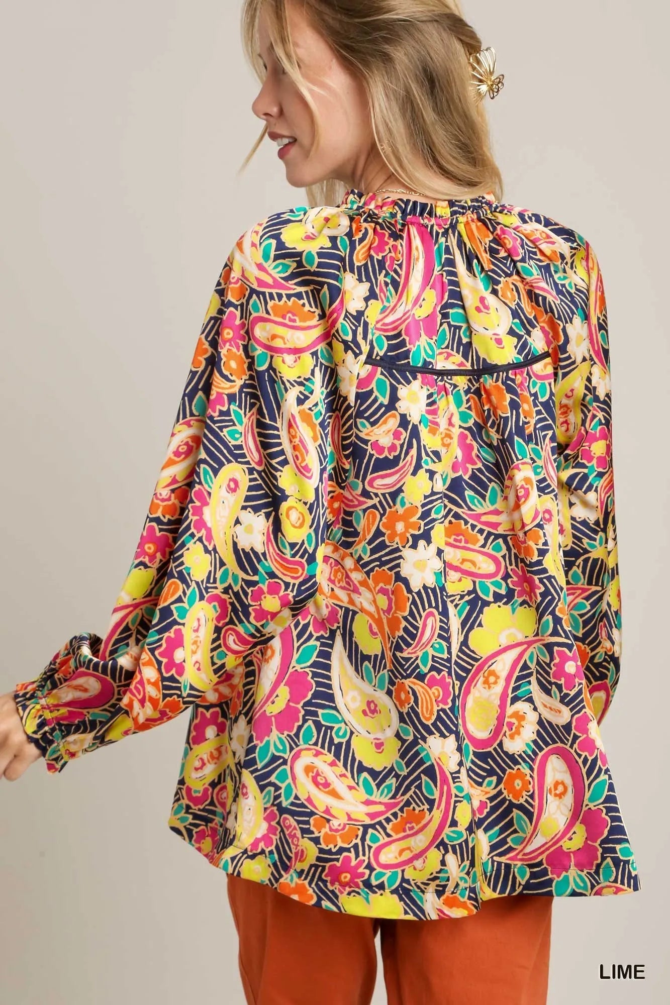 Full Size Satin Paisley Ruffle Neck Button-Up Shirt Plus Size styling — Livostyle