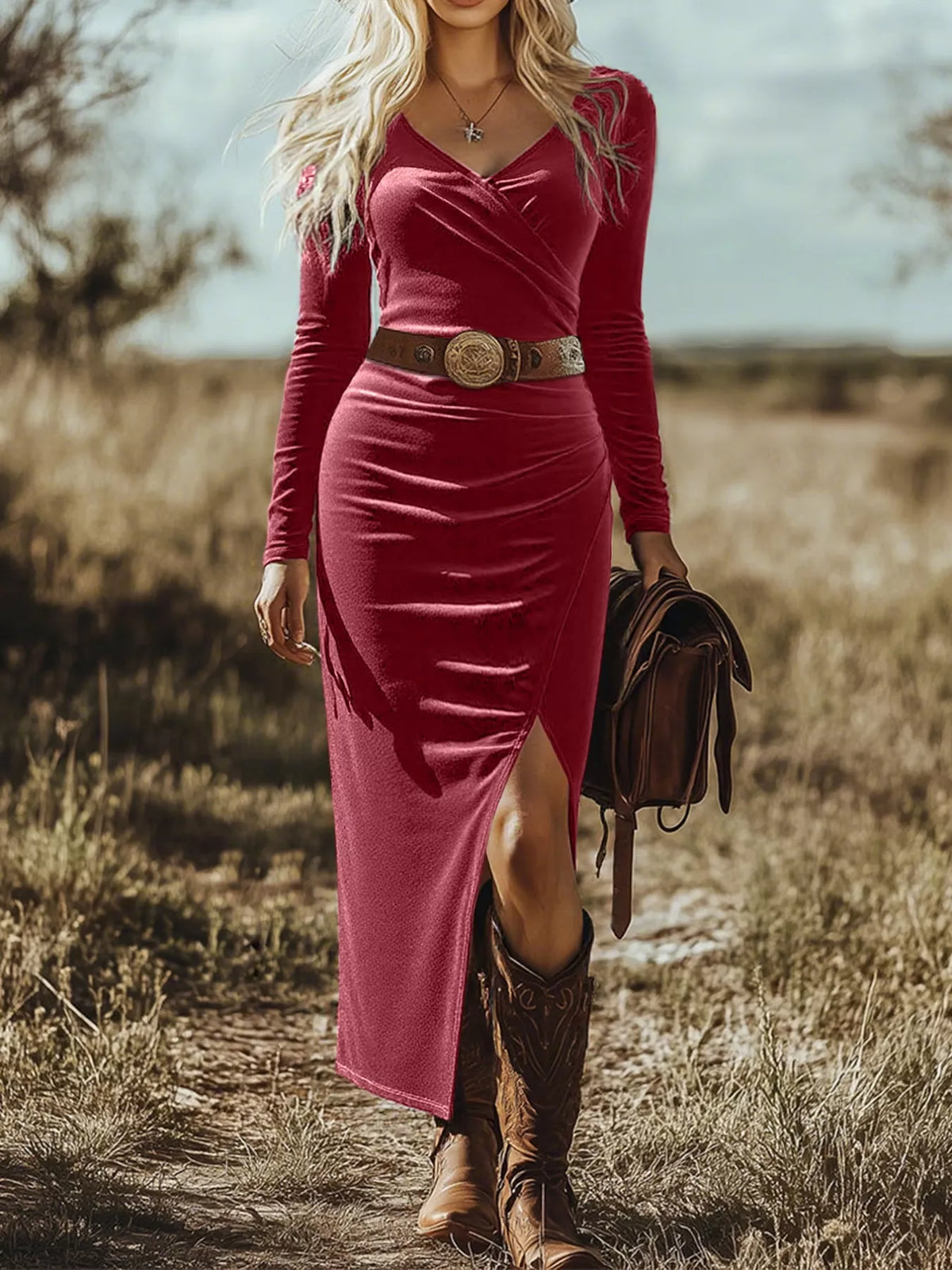 Long Sleeve Wrap Midi Dress with Slit in Cerise