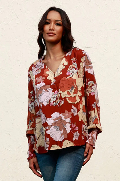 Elegant Floral V-Neck Blouse with Lantern Sleeves — Livostyle