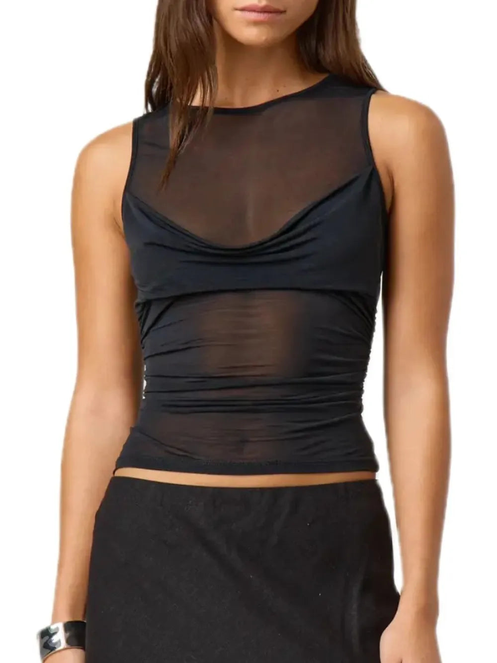 Ruched Round Neck Tank back view — Livostyle