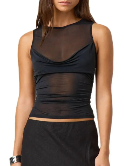 Ruched Round Neck Tank back view — Livostyle