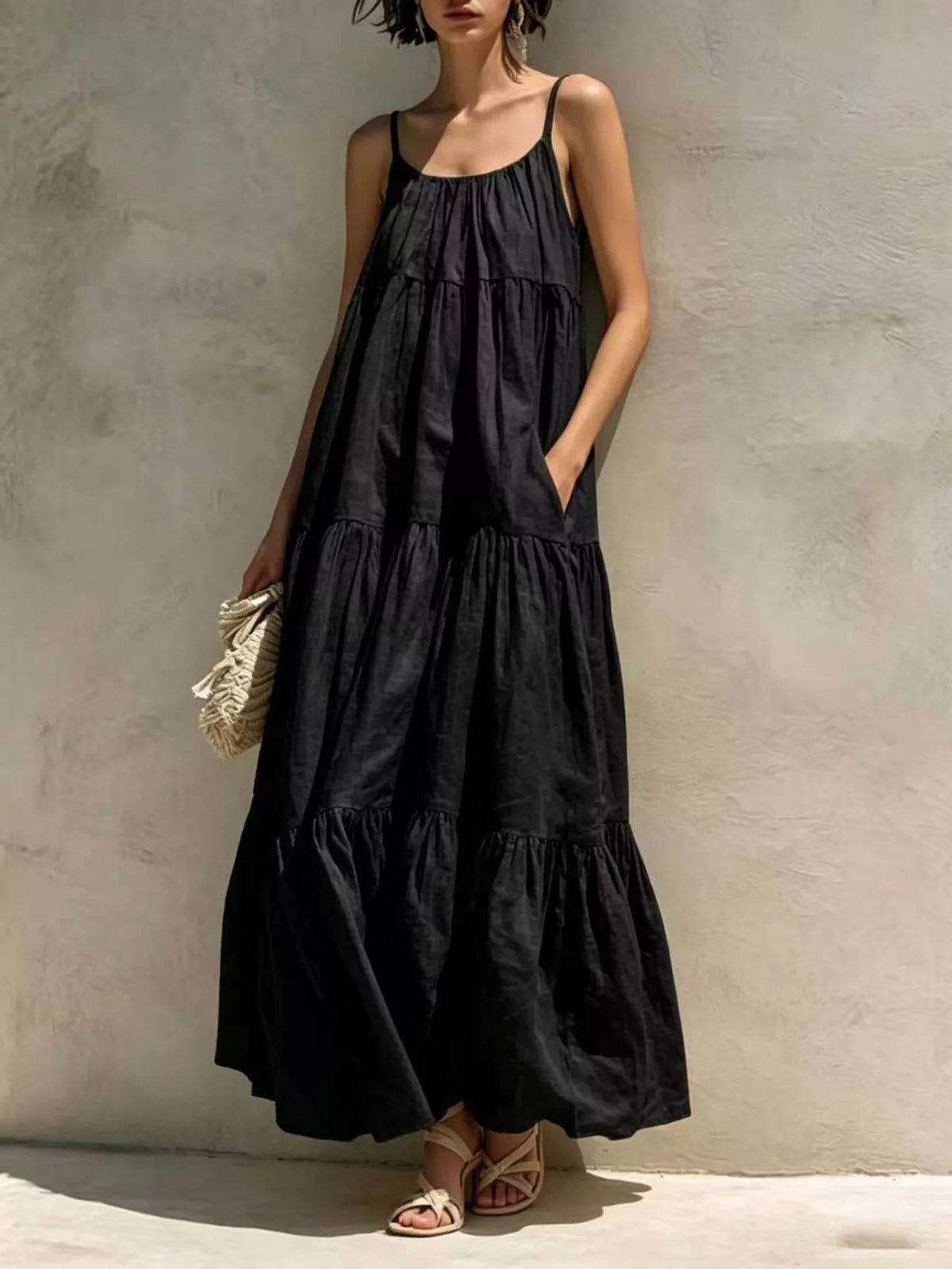 Tiered Scoop Neck Maxi Dress with Pockets in Black