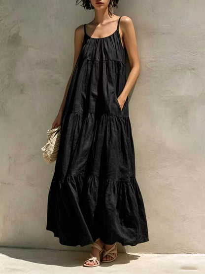 Tiered Scoop Neck Maxi Dress with Pockets in Black
