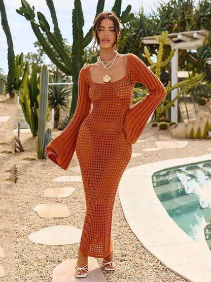 Openwork Square Neck Flare Sleeve Cover-Up Dress — Livostyle