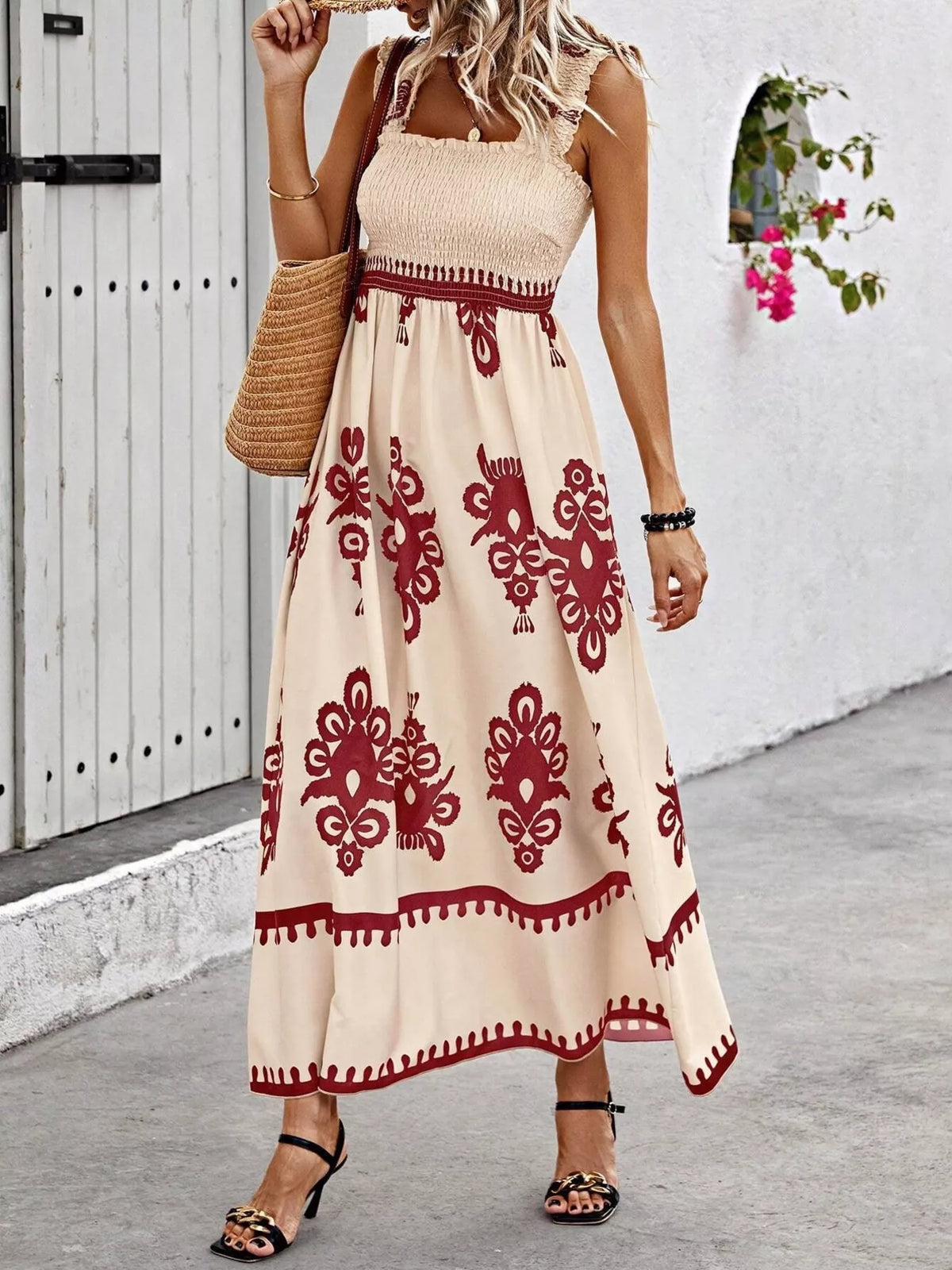 Smocked Printed Square Neck Ruffle Maxi Dress in Scarlet