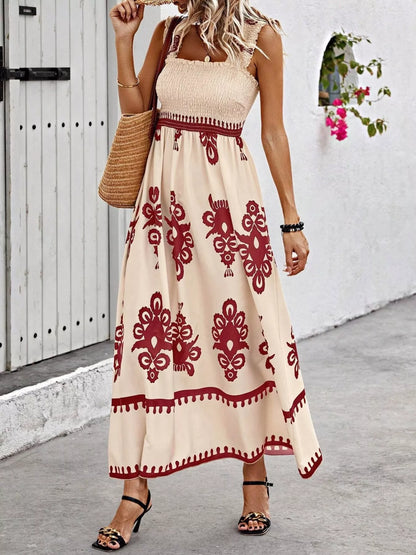 Smocked Printed Square Neck Ruffle Maxi Dress in Scarlet