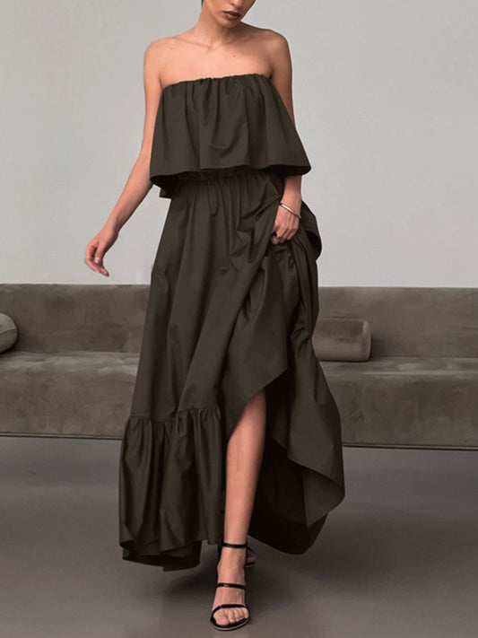 Off-Shoulder Ruffle Hem Cotton Maxi Dress in Chocolate
