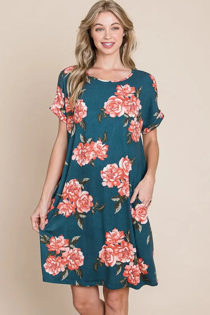 Stylish Floral Tee Dress with Pockets — Livostyle