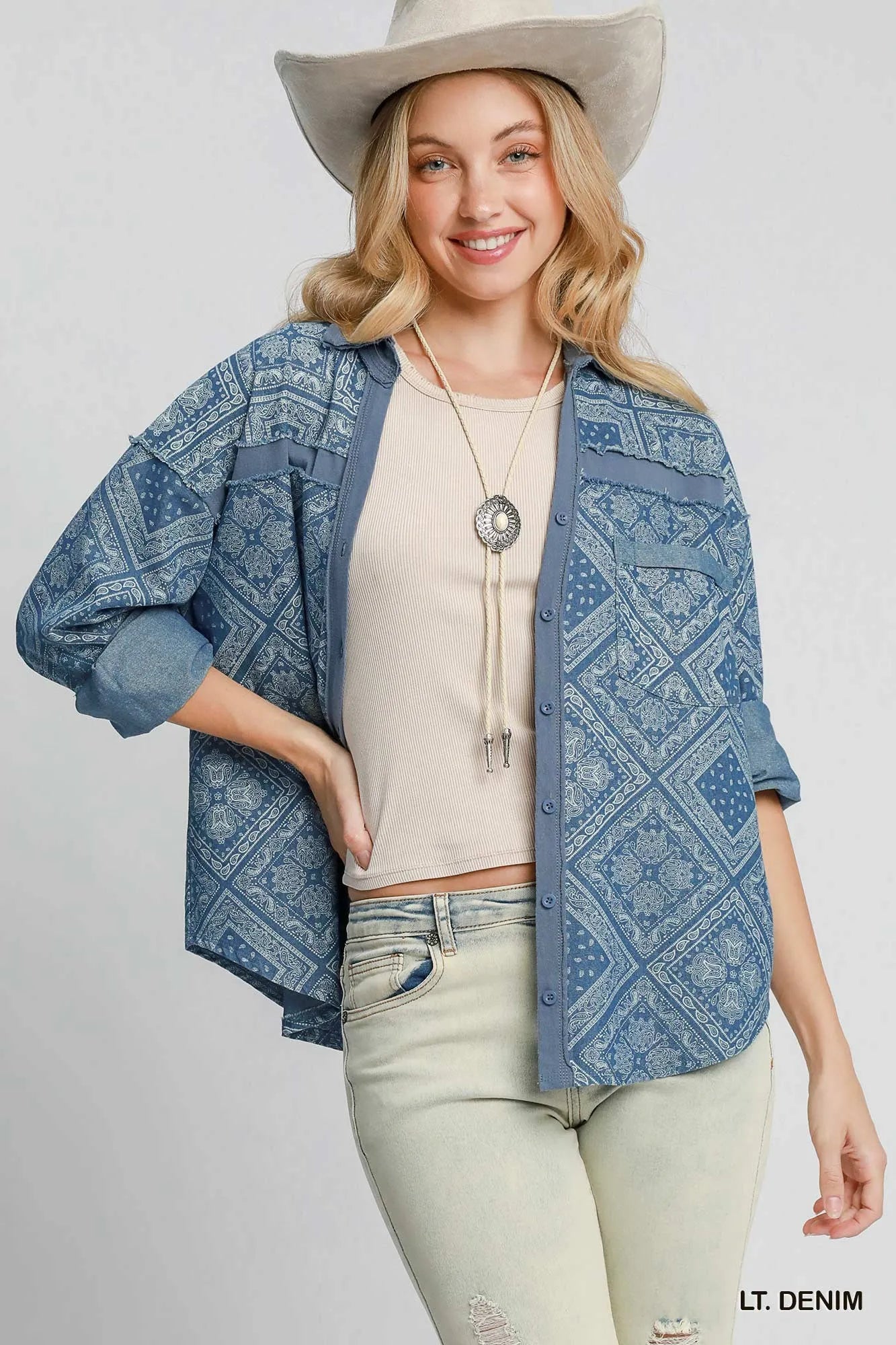 Paisley Print Denim Shirt Jacket back view — Livostyle
