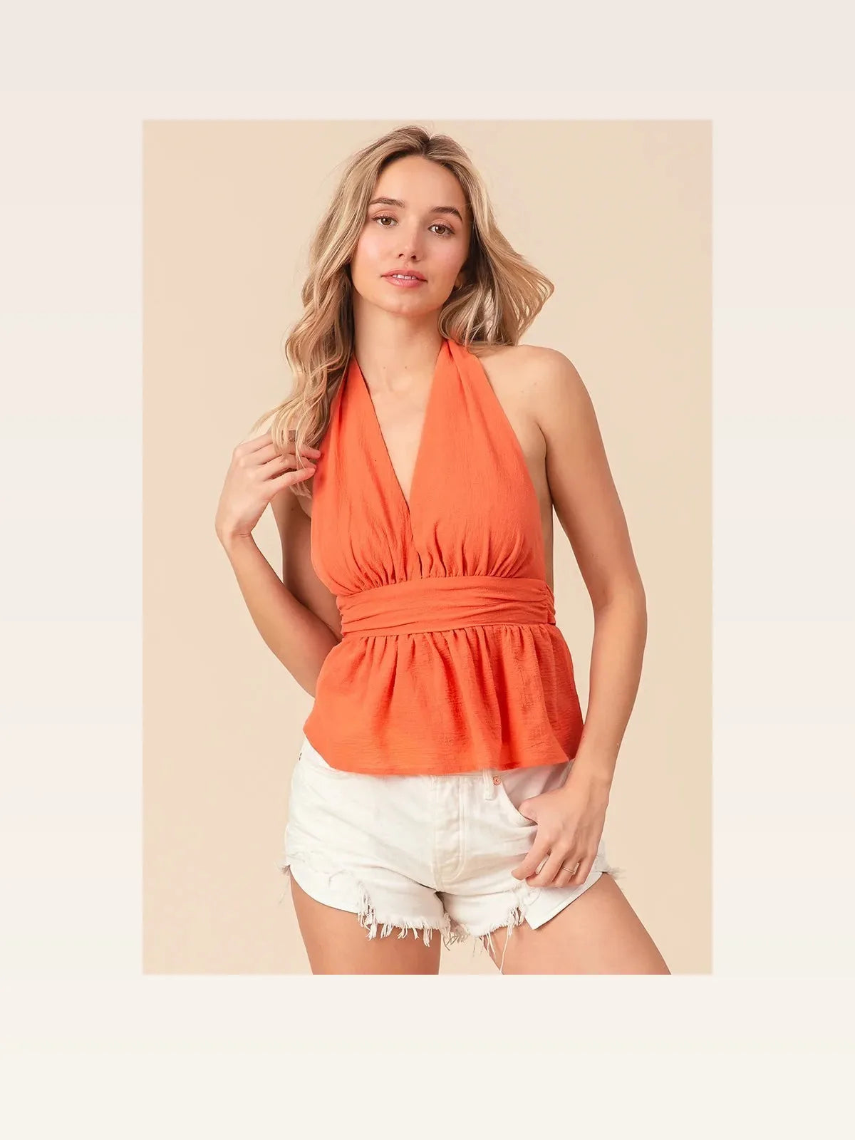 Stylish Halter Neck Open-Back Wrinkled Tank Top — styled showcase — Livostyle