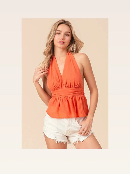 Stylish Halter Neck Open-Back Wrinkled Tank Top — styled showcase — Livostyle