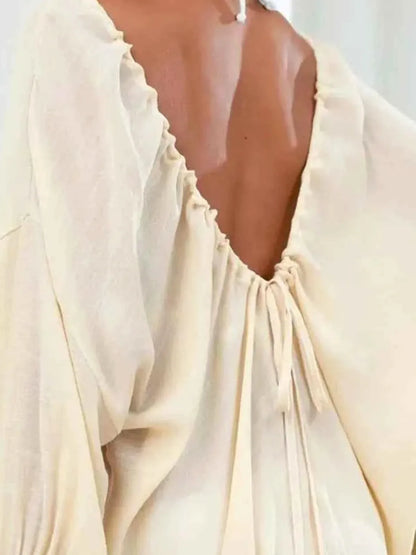 Backless Drawstring Back Flounce Sleeve Cover-Up — detail view — Livostyle