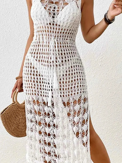 Backless Fringe Hem Round Neck Cover-Up Dress — detail view — Livostyle