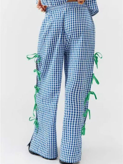Side Tied Plaid Pants back view — Livostyle