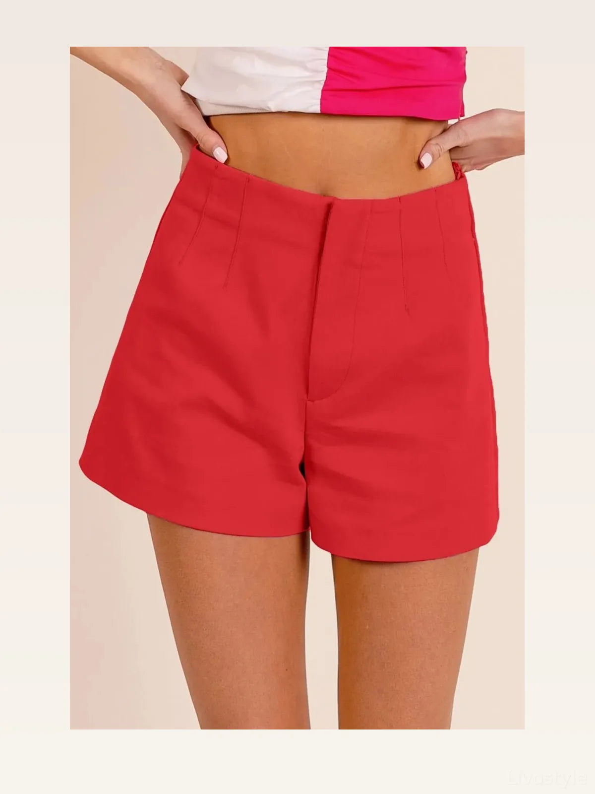 Bandless Tailored Shorts in Cherry — styled showcase — Livostyle