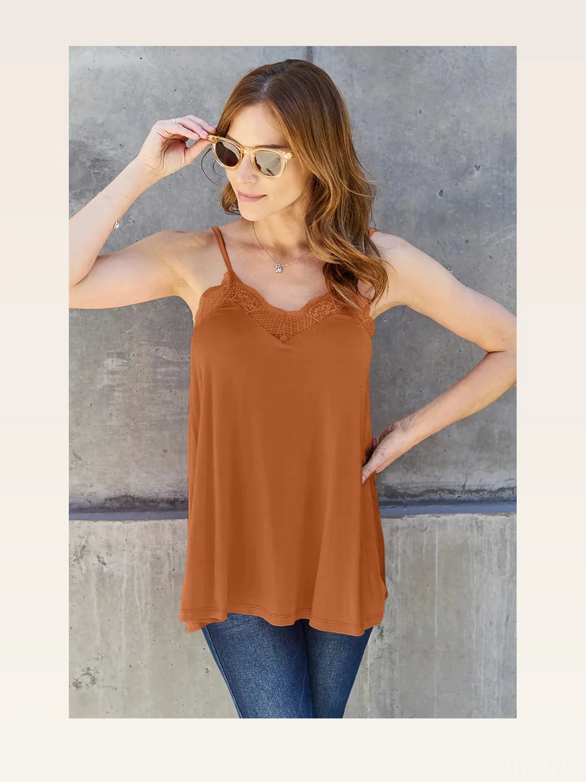 Elegant V-Neck Cami with Lace Trim — styled showcase — Livostyle