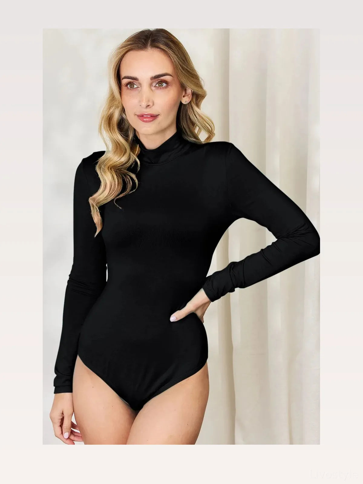 Sophisticated Mock Neck Bodysuit with Long Sleeves — styled showcase — Livostyle