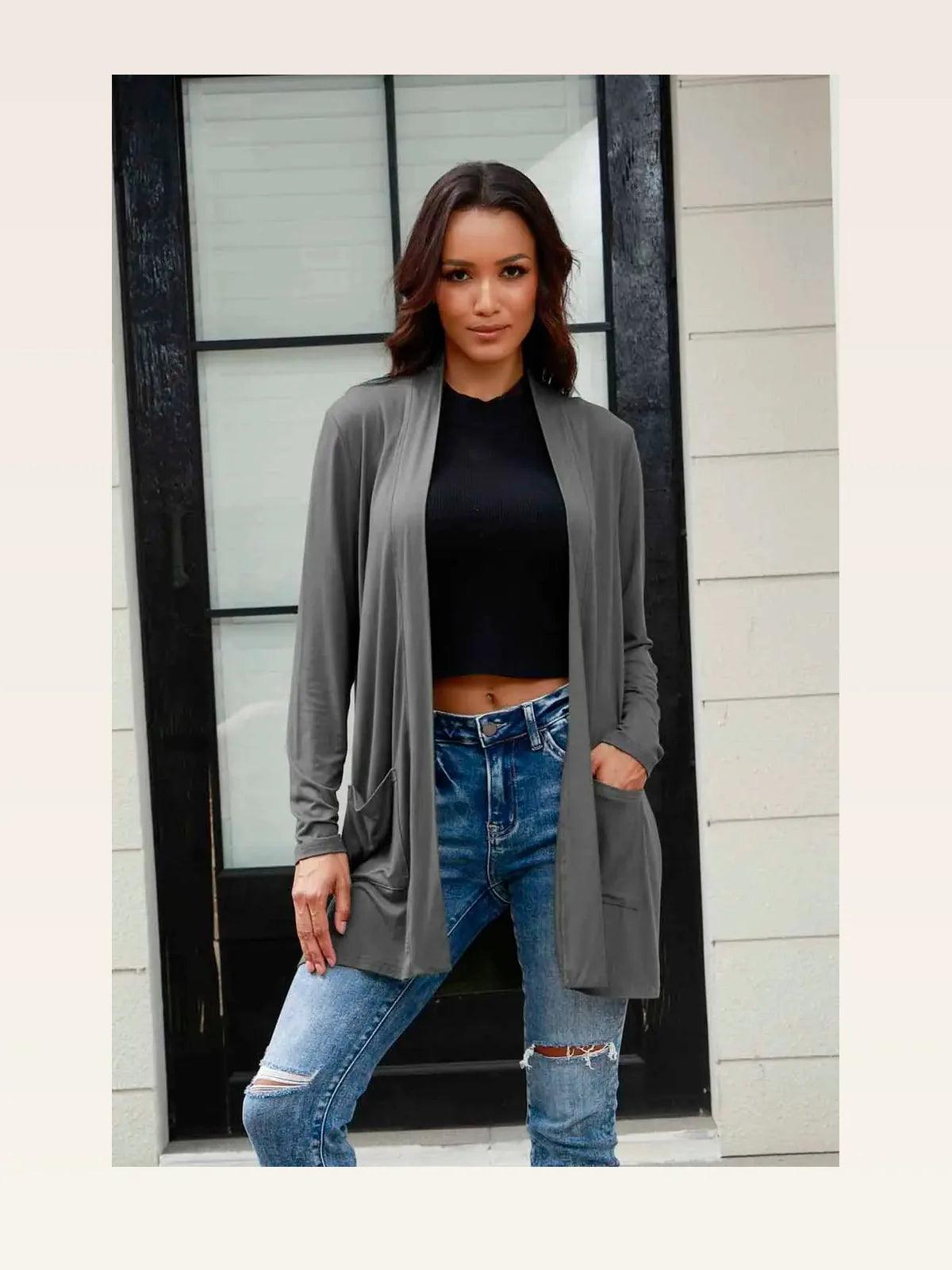 Open Front Long Sleeve Cardigan with Pockets — styled showcase — Livostyle