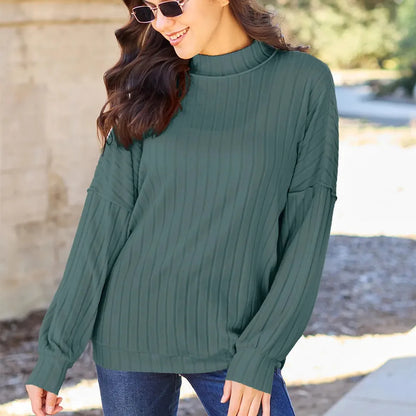 Chic Ribbed Mock Neck Top with Exposed Seams — square view — Livostyle