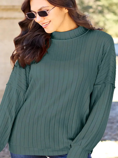 Chic Ribbed Mock Neck Top with Exposed Seams — detail view — Livostyle