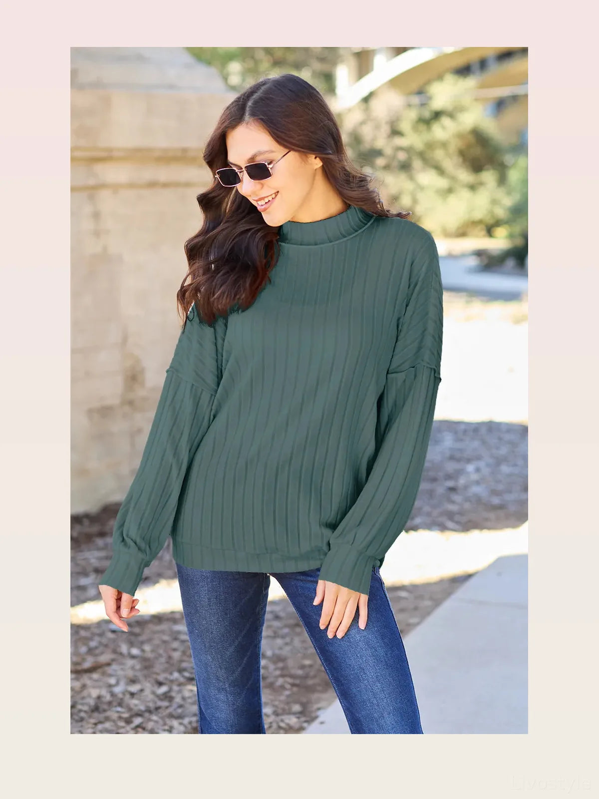 Chic Ribbed Mock Neck Top with Exposed Seams — styled showcase — Livostyle