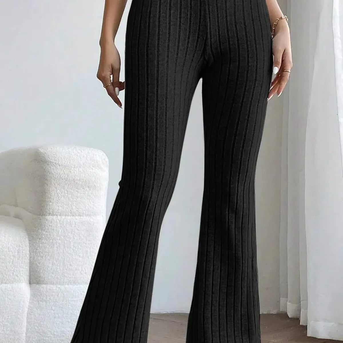 Ribbed High Waist Flare Pants — square view — Livostyle