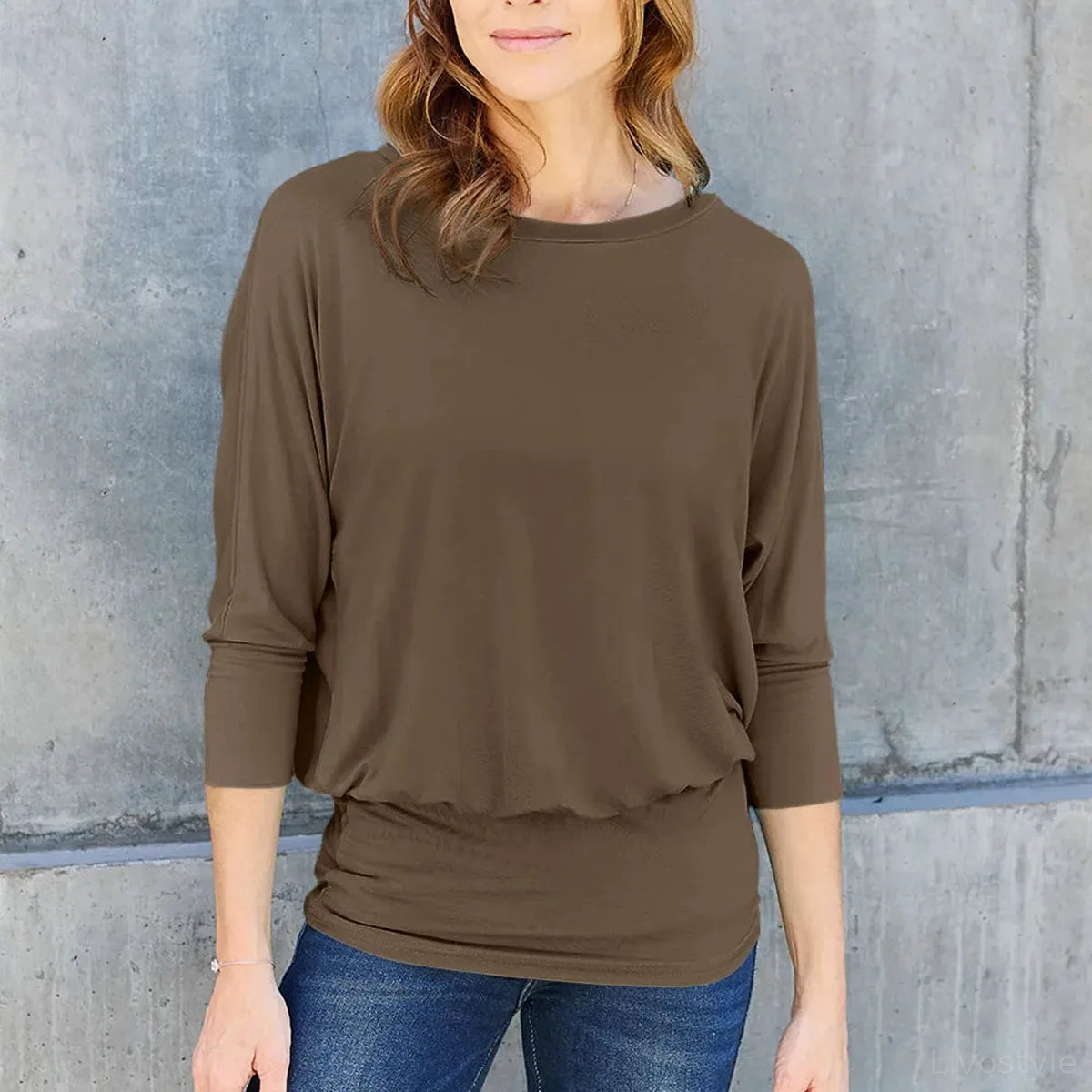 Elegant Full-Size Round Neck Top with Batwing Sleeves — square view — Livostyle