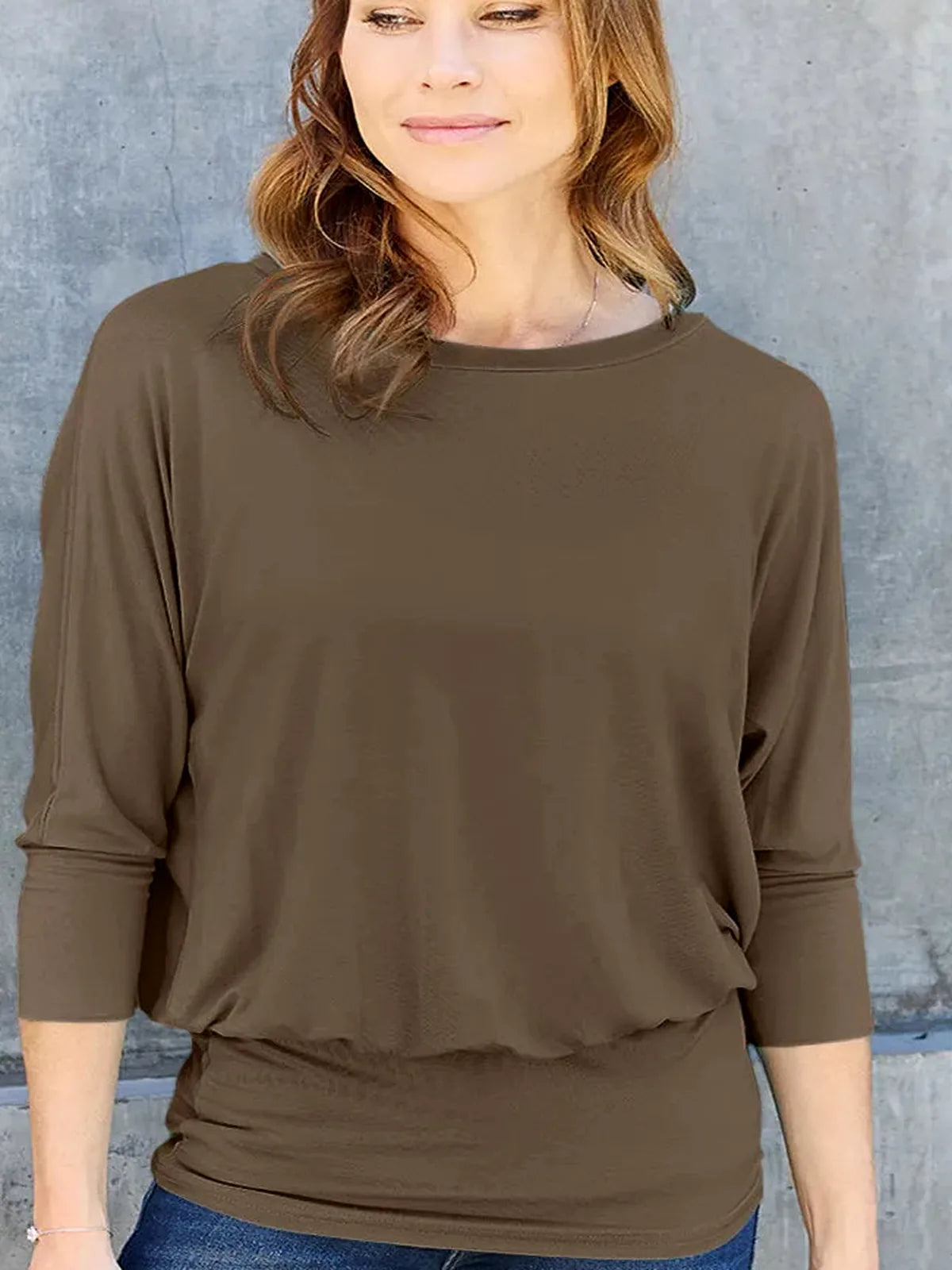 Elegant Full-Size Round Neck Top with Batwing Sleeves — detail view — Livostyle
