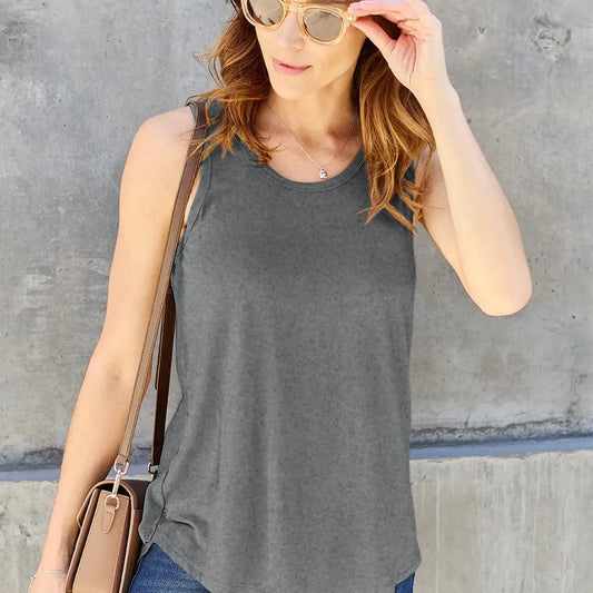 Round Neck Curved Hem Tank Top – Rayon Blend