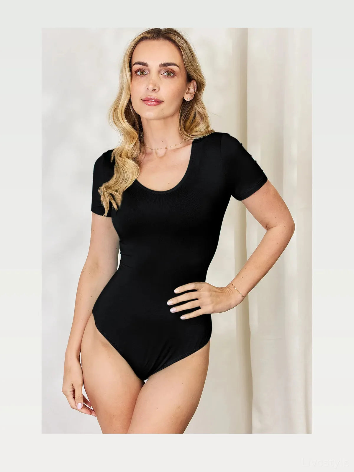 Versatile Full-Size Round Neck Bodysuit with Short Sleeves — styled showcase — Livostyle