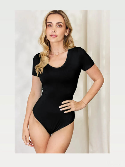 Versatile Full-Size Round Neck Bodysuit with Short Sleeves — styled showcase — Livostyle