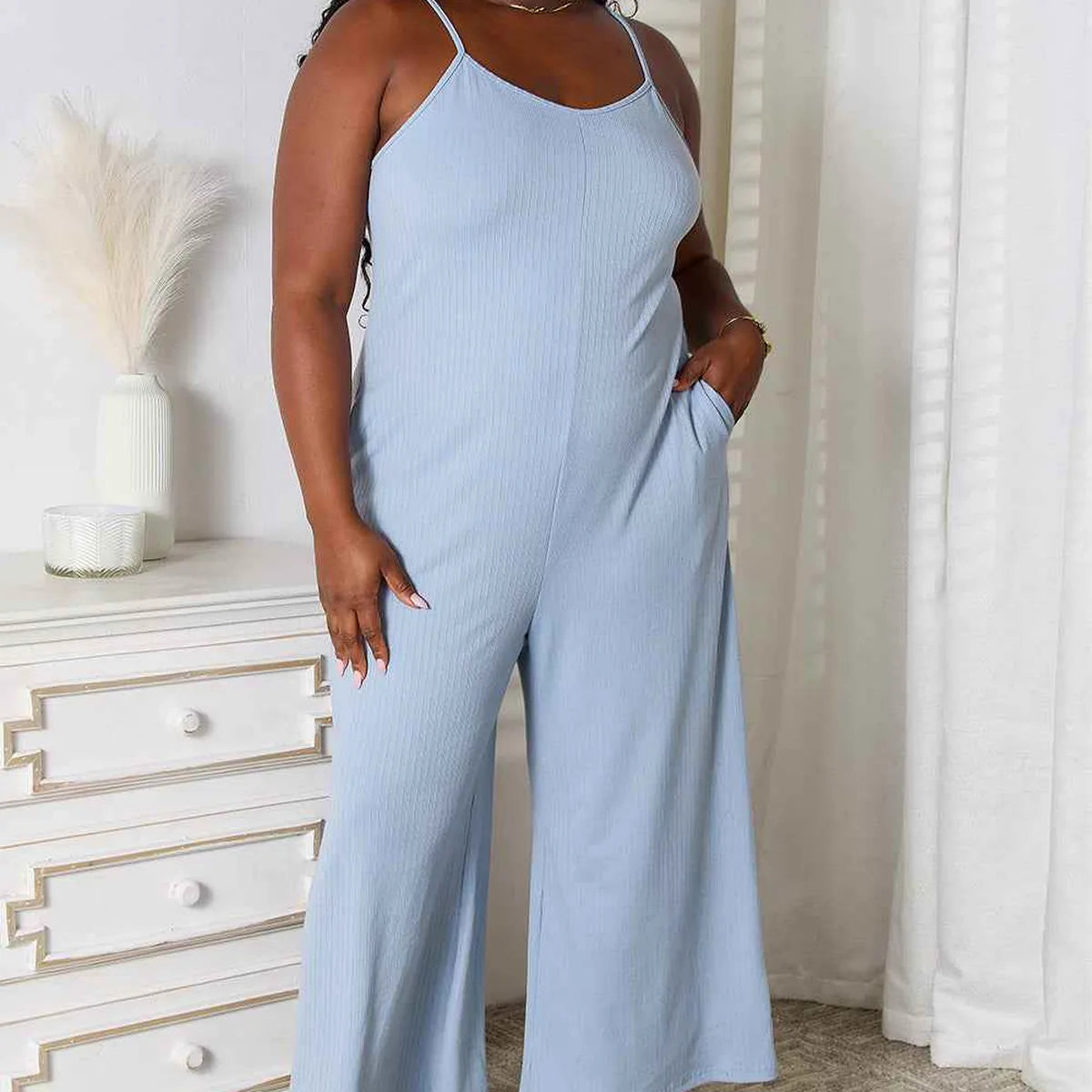 Spaghetti Strap V-Neck Jumpsuit — square view — Livostyle