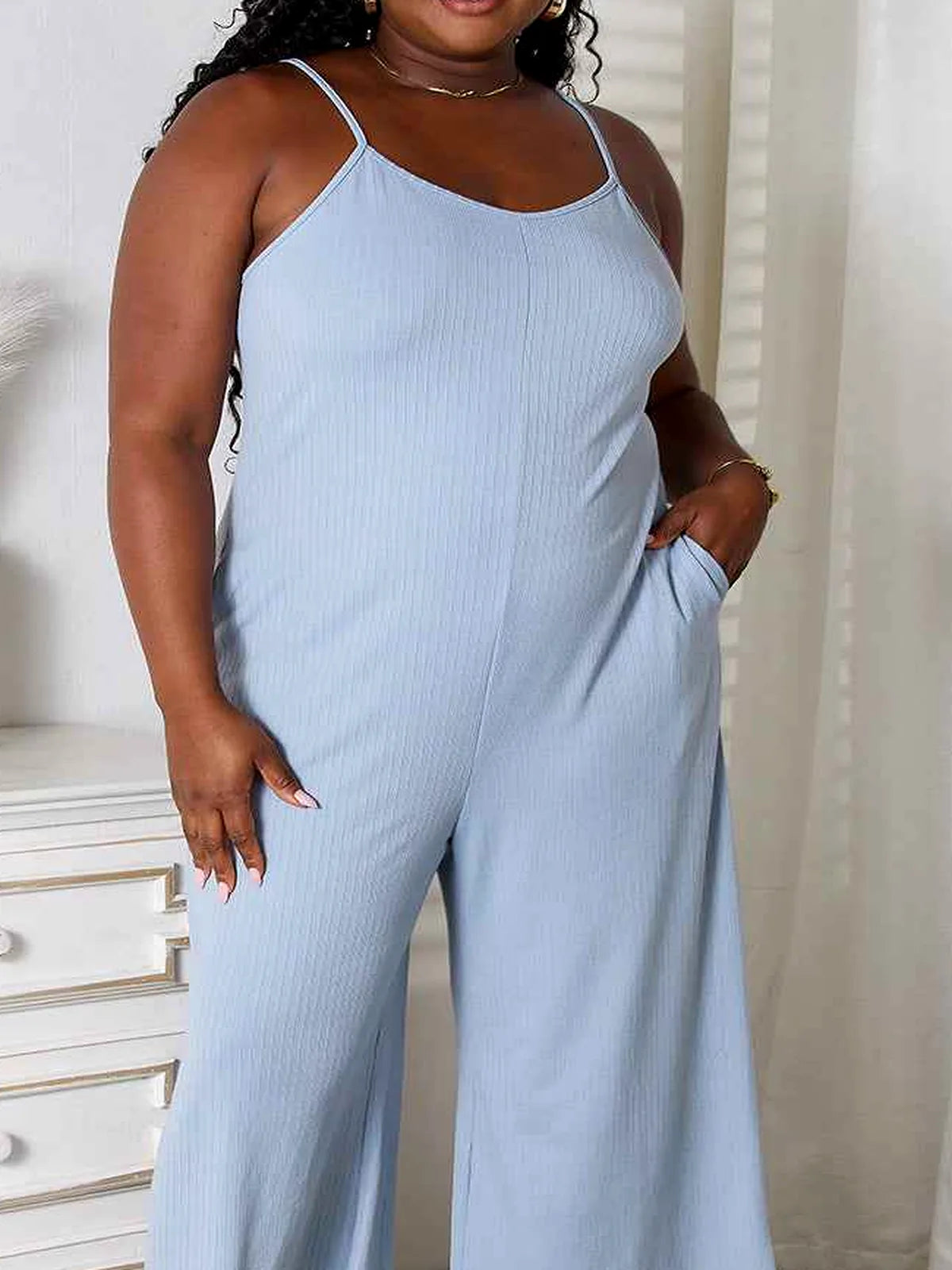 Spaghetti Strap V-Neck Jumpsuit — detail view — Livostyle