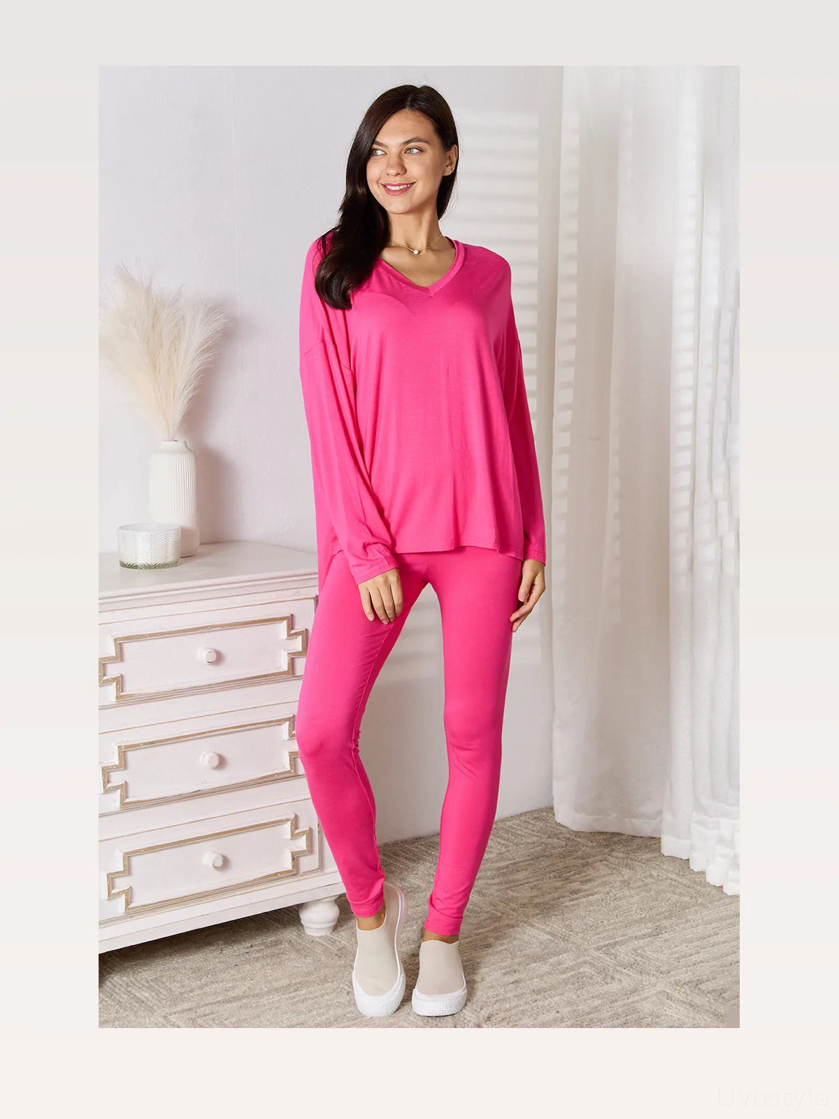 V-Neck Long Sleeve Top and Pants Lounge Set – photo 2