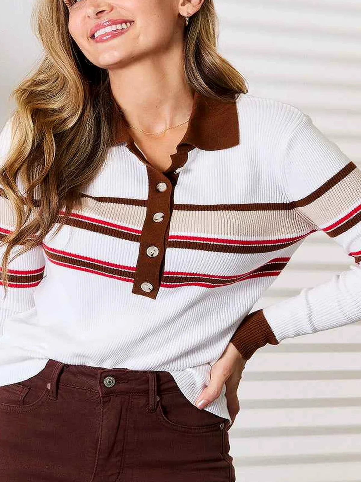 Striped Collared Neck Rib-Knit Top — detail view — Livostyle