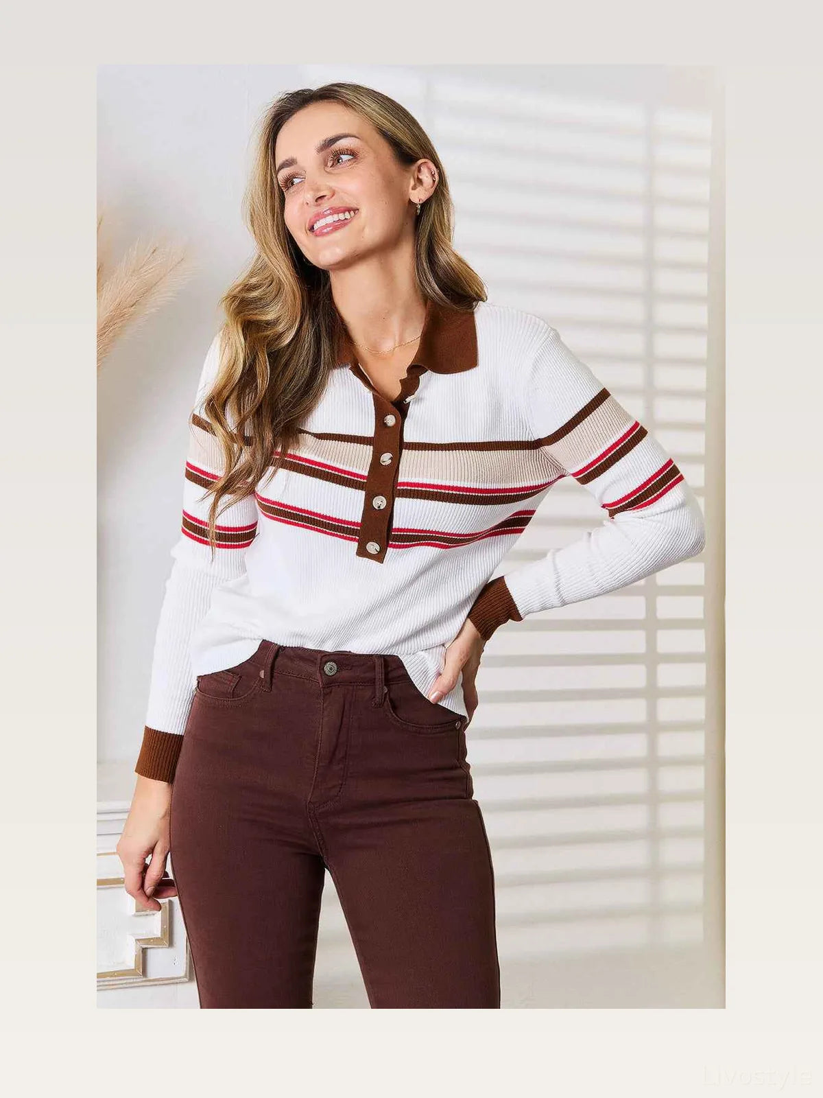 Striped Collared Neck Rib-Knit Top — styled showcase — Livostyle