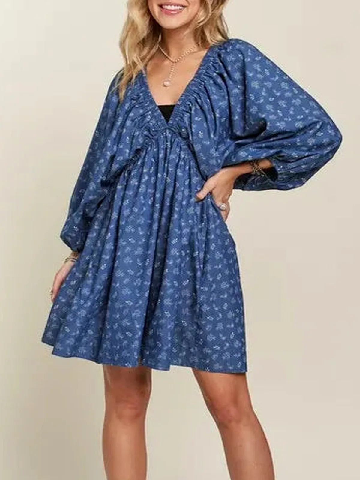 Boho Floral Dress with Batwing Sleeves — detail view — Livostyle
