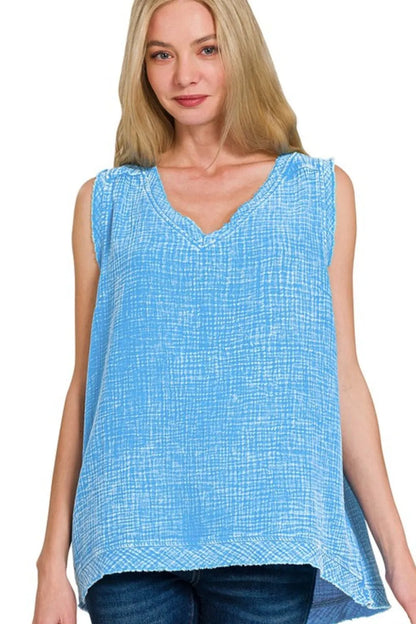 Double Gauze Raw Edge Acid Washed Tank in Deep Sky — Livostyle