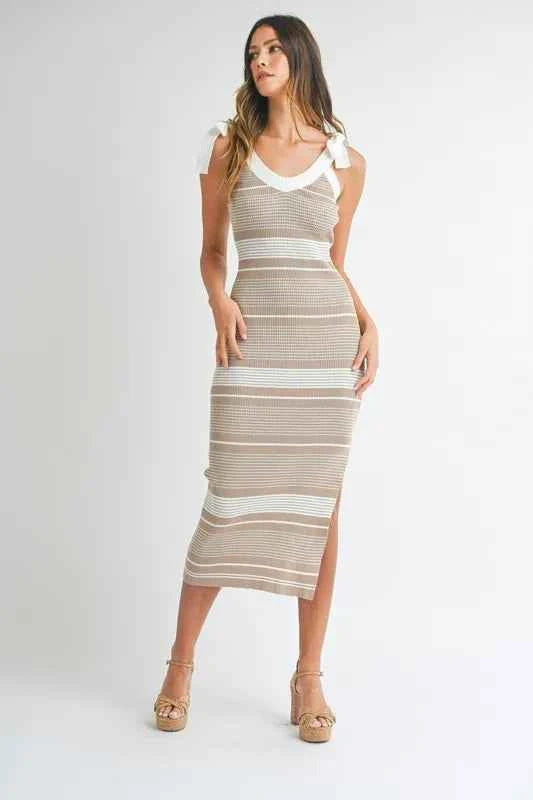 MABLE Striped Rib Knit Midi Dress