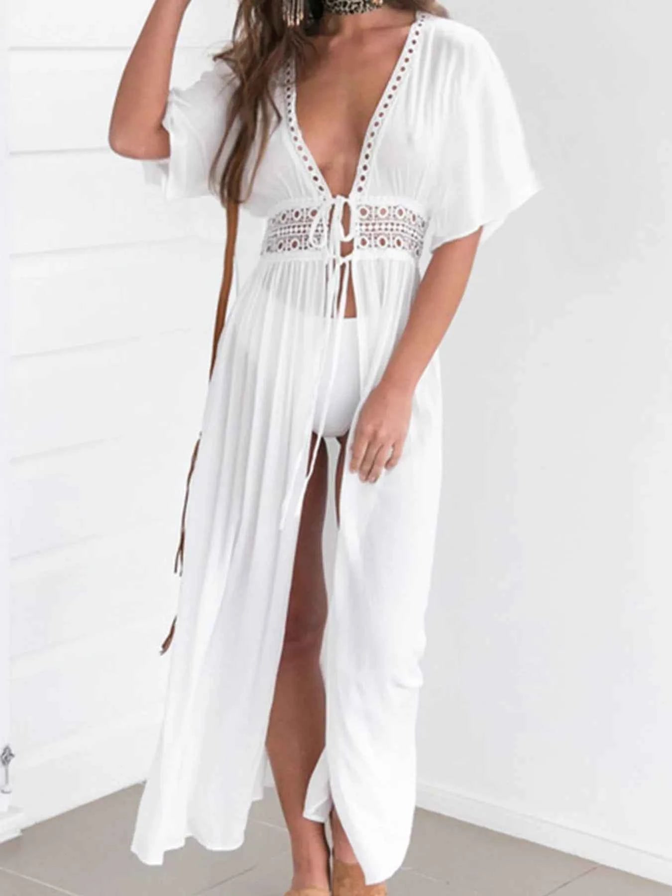 Lace Trim Plunging Beach Cover Up Maxi Dress