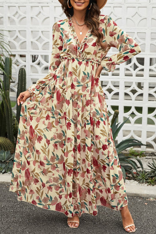 Floral Flounce Long Sleeve Plunge Maxi Dress with Frill Trim in Sand