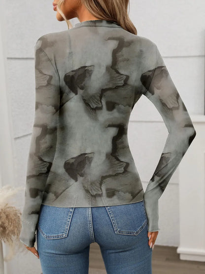 Printed Mock Neck Long Sleeve Mesh T-Shirt closeup — Livostyle