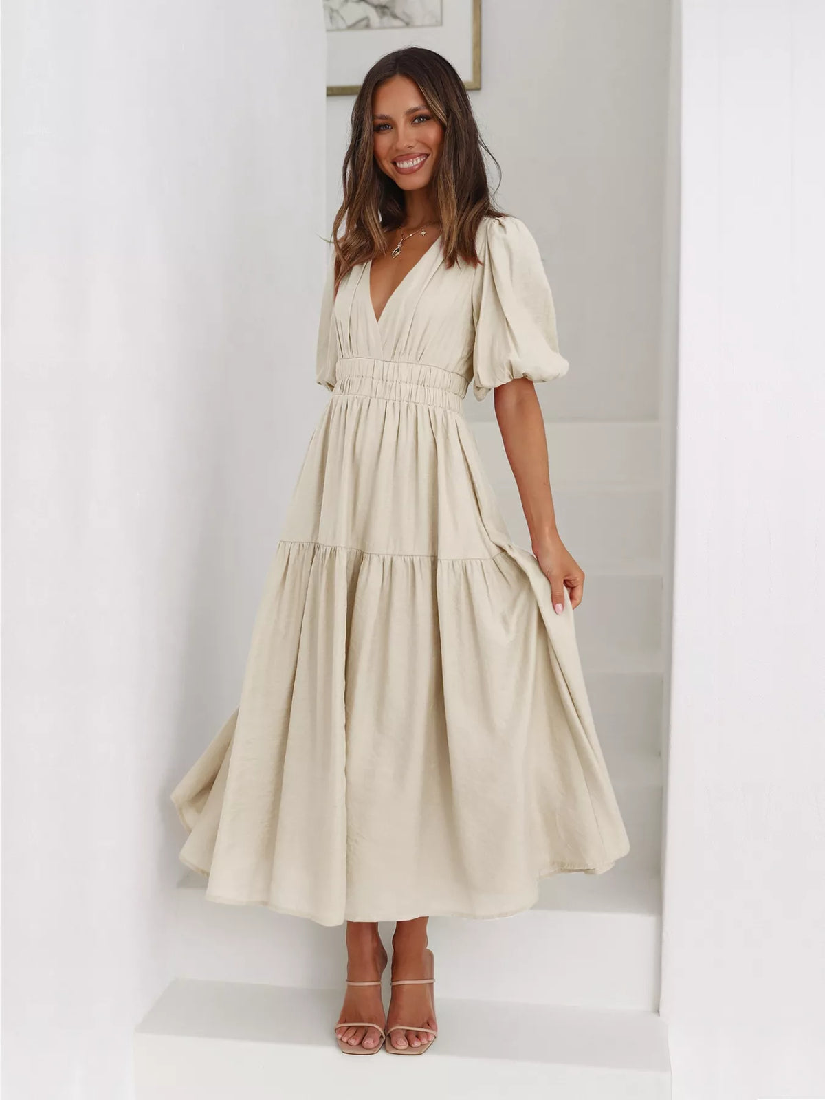Tiered Puff Sleeve Midi Dress in Beige