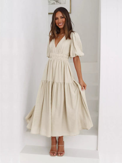 Tiered Puff Sleeve Midi Dress in Beige
