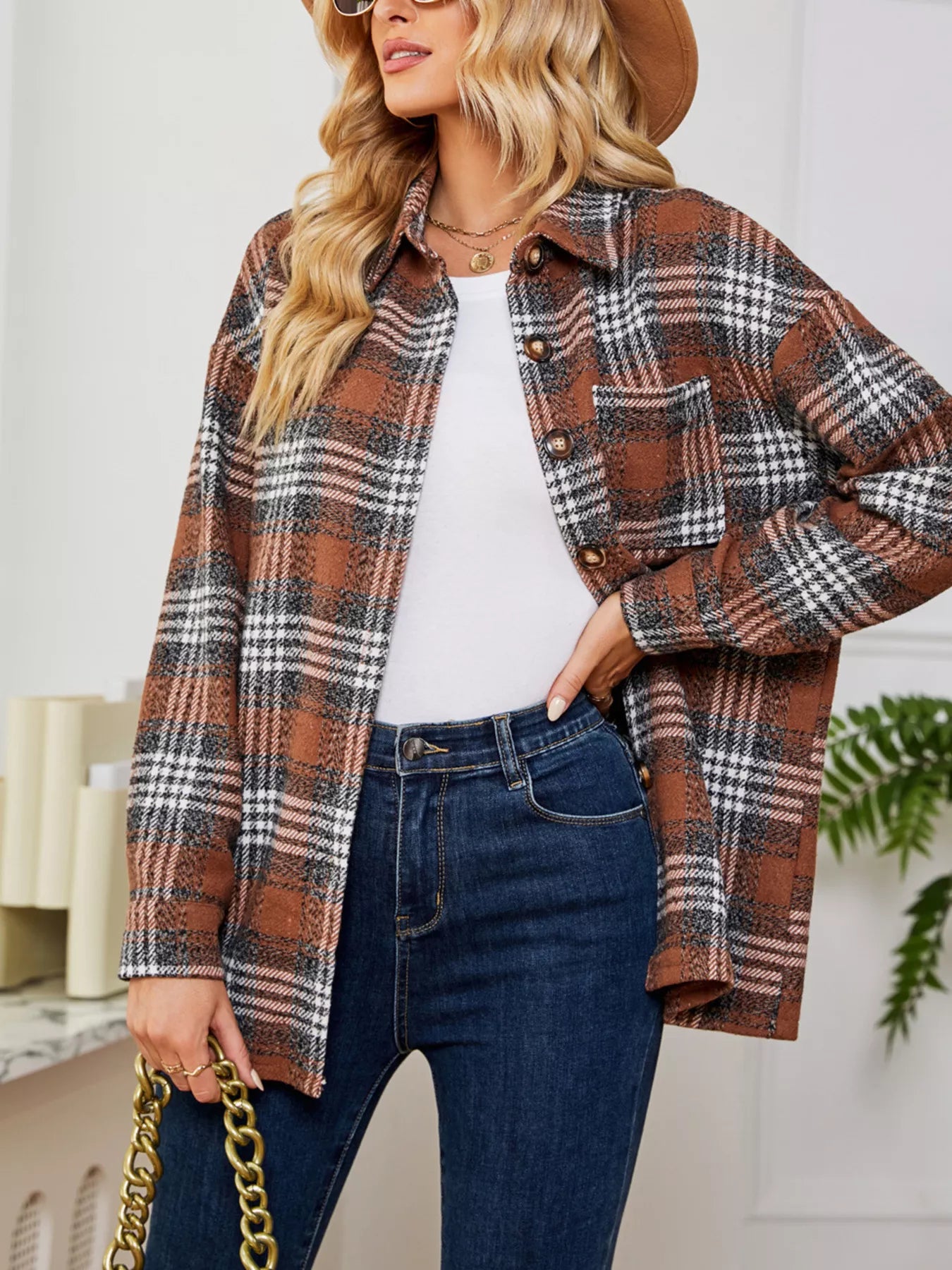 Plaid Button Up Long Sleeve Shacket back view — Livostyle