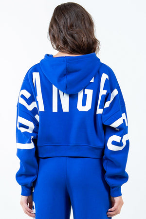 Cropped Hoodie with Graphic Letter and Drawstring Hood in Royal Blue
