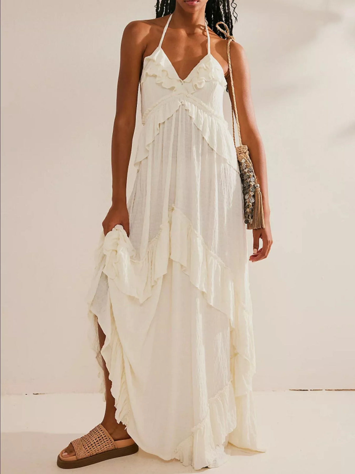 Ruffled Halter Neck Tie Maxi Dress in White