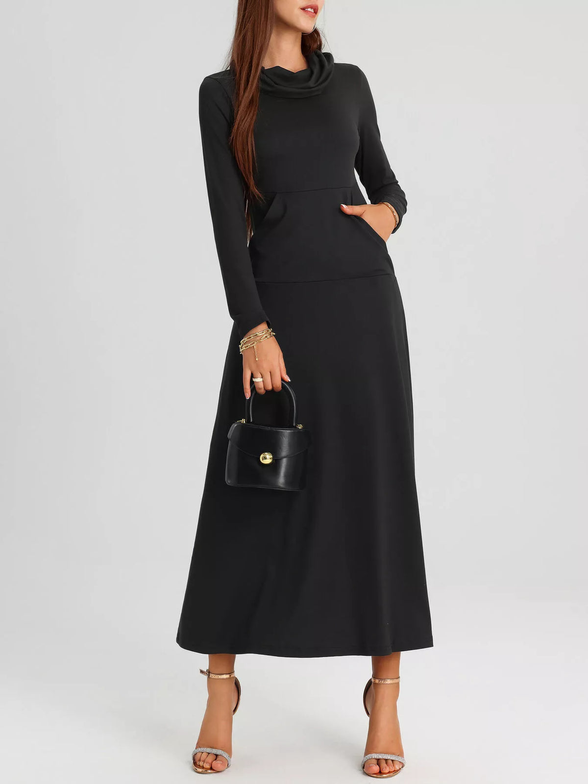 Cowl Neck Long Sleeve Midi Dress with Pockets – photo 7